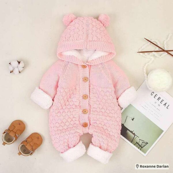 【ピンク裏起毛80cm】新生児 ロンパース ニット 長袖 可愛い コットン 綿