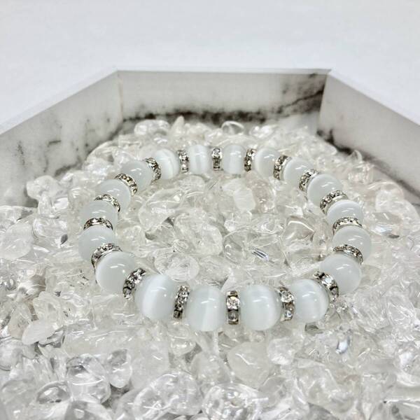 キャッツアイ(ホワイト) パワーストーン ブレスレット 10mm (シルバー) 数珠ブレス メンズ・レディース 男性 女性 幸運 開運 浄化