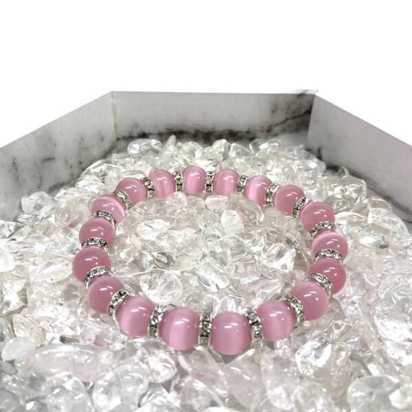 キャッツアイ(ピンク) パワーストーン ブレスレット 10mm (シルバー) 数珠ブレス メンズ・レディース 男性 女性 幸運 開運 浄化