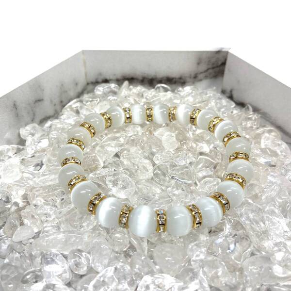 キャッツアイ(ホワイト) パワーストーン ブレスレット 10mm (ゴールド) 数珠ブレス メンズ・レディース 男性 女性 幸運 開運 浄化