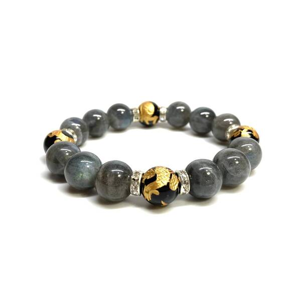 四神獣金彫オニキス×ラブラドライト 12mm パワーストーン ブレスレット天然石 青龍 白虎 玄武 朱雀 運気上昇 金運 健康 お守り 四神獸 S