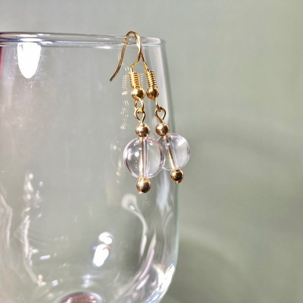 水晶 ピアス 一粒フックピアス 10mm (ゴールド) イヤリング 樹脂フック変更可 樹脂ピアス シンプル パワーストーン 天然石