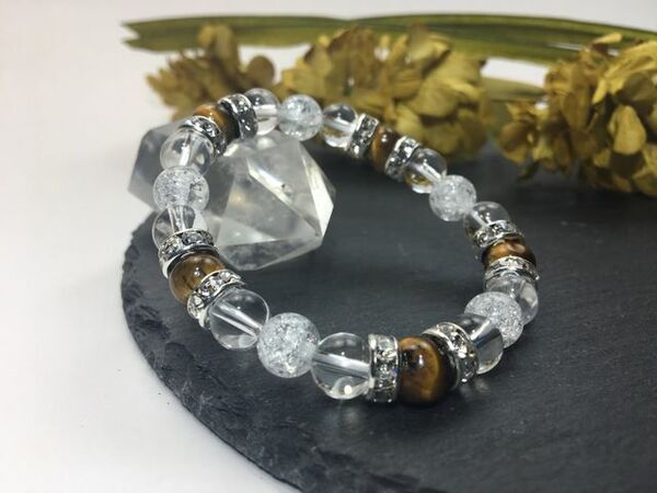 タイガーアイ&水晶&クラック水晶 パワーストーン ブレスレット 天然石ブレス (シルバー) 幸運 浄化 効果 4月 誕生石 クリスタル レディース