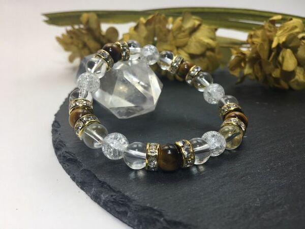 タイガーアイ&水晶&クラック水晶 パワーストーン ブレスレット 天然石ブレス (ゴールド) 幸運 浄化 効果 4月 誕生石 クリスタル レディース