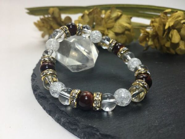 レッドタイガーアイ&水晶&クラック水晶 パワーストーン ブレスレット 天然石ブレス (ゴールド) 幸運 4月 誕生石 クリスタル レディース