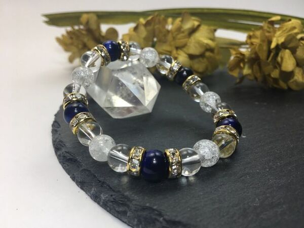 ブルータイガーアイ&水晶&クラック水晶 パワーストーン ブレスレット 天然石ブレス (ゴールド) 幸運 4月 誕生石 クリスタル レディース