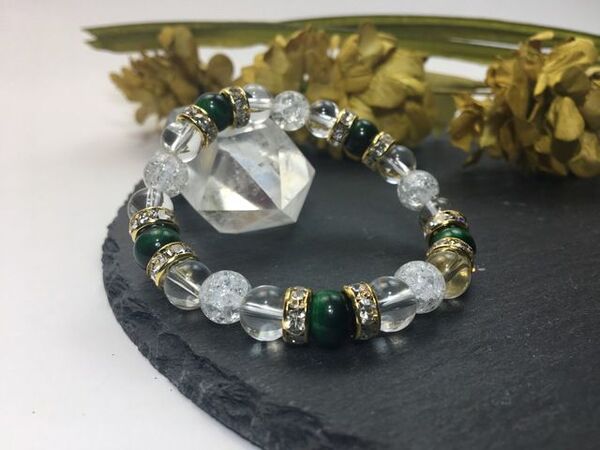 グリーンタイガーアイ&水晶&クラック水晶 パワーストーン ブレスレット 天然石ブレス (ゴールド) 幸運 4月 誕生石 クリスタル レディース