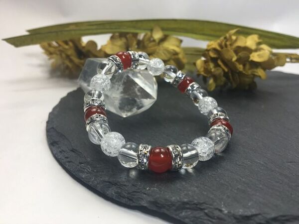 赤瑪瑙 &水晶&クラック水晶 パワーストーン ブレスレット 天然石ブレス (シルバー) 幸運 開運 浄化4月 誕生石 クリスタル レディース