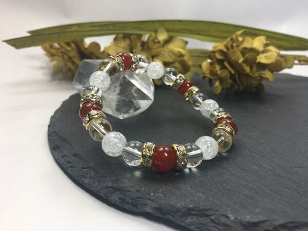 赤瑪瑙 &水晶&クラック水晶 パワーストーン ブレスレット 天然石ブレス (ゴールド) 幸運 開運 浄化4月 誕生石 クリスタル レディース