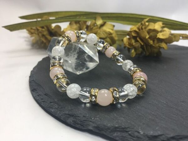 ローズクォーツ&水晶&クラック水晶 パワーストーン ブレスレット 天然石ブレス (ゴールド) 幸運 開運 4月 誕生石 クリスタル レディース