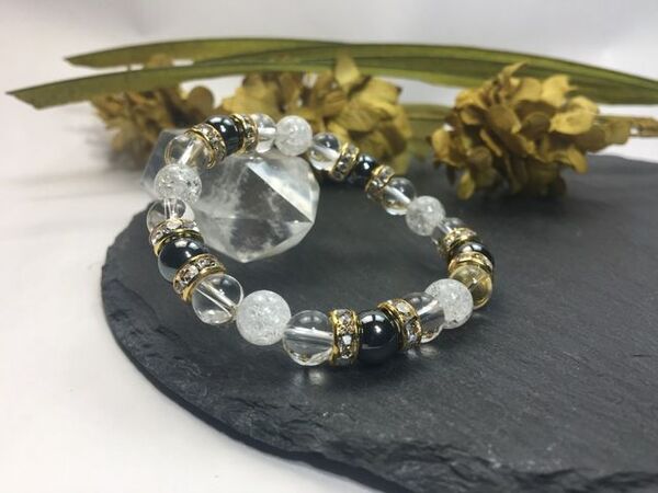 ヘマタイト&水晶&クラック水晶 パワーストーン ブレスレット 天然石ブレス (ゴールド) 幸運 開運 4月 誕生石 クリスタル レディース