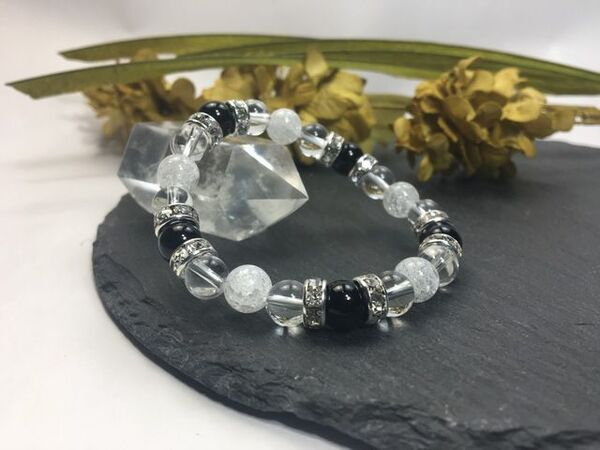 オニキス&水晶&クラック水晶 パワーストーン ブレスレット 天然石ブレス (シルバー) 幸運 開運 4月 誕生石 クリスタル レディース