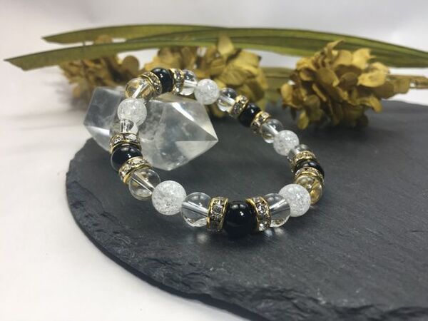 オニキス&水晶&クラック水晶 パワーストーン ブレスレット 天然石ブレス (ゴールド) 幸運 開運 4月 誕生石 クリスタル レディース