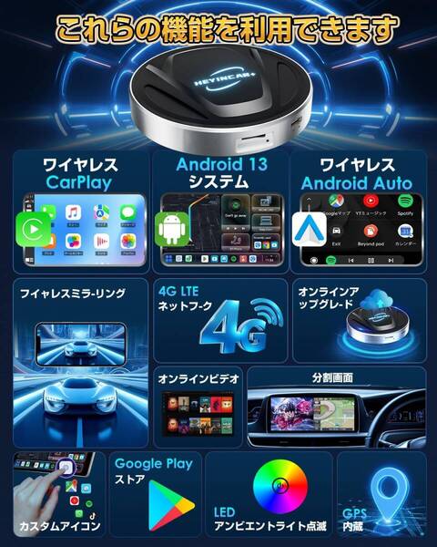 【時代を開く 業界最新傑作】 HEYINCAR+ CarPlay AI Box Android 13アタブター nano SIMカード/Micro SDカードスロット 投影 ワイヤレス