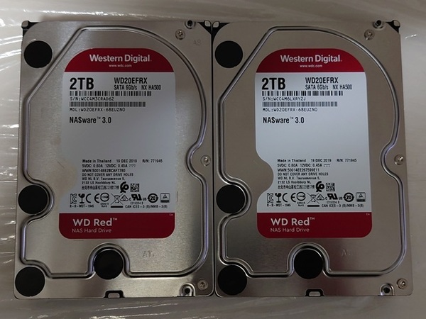 WESTERN DIGITAL Red WD20EFRX NX HA500 2個セット 2TB x2 4TB 3.5インチ SATA HDD WD ウェスタンデジタル レッド NASware3.0【中古】①