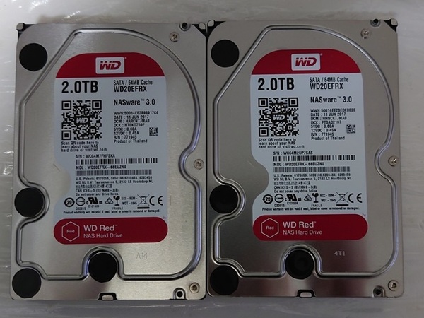 WESTERN DIGITAL Red WD20EFRX 2個セット 2TB x2 4TB 3.5インチ SATA HDD WD ウェスタンデジタル レッド NASware3.0【中古】①
