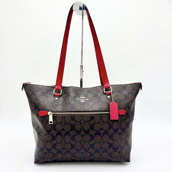 【未使用級】COACH コーチ トートバッグ PVC加工 大きいサイズ A4サイズ対応 シグネチャー柄 ブラウン × レッド 高級感 金ロゴ