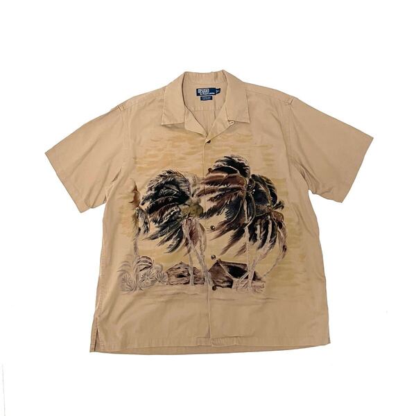 XL ポロ ラルフローレン アロハ 開襟 シャツ オープンカラーシャツ ヴィンテージ ハワイアン 半袖 ヤシの木 Vintage Camp カーキ プリント