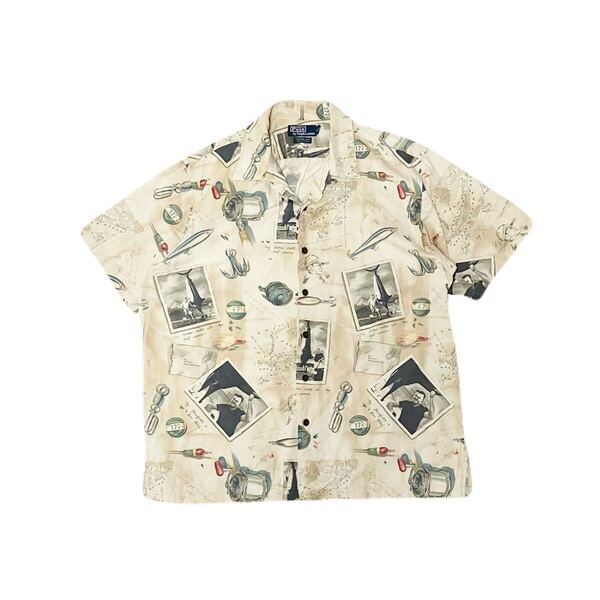 L 美品 ポロ ラルフローレン ヘミングウェイ 半袖 プリント シャツ 90s 90年代 Polo Ralph Lauren フィッシング 釣り ヴィンテージ 総柄