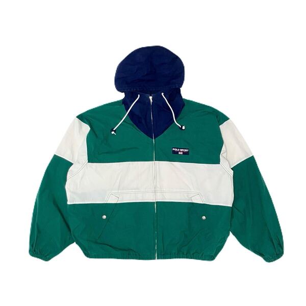 XXL 美品 POLO SPORT ポロ スポーツ 90s 90年代 コットン ウインドブレーカー パーカー カラーブロック ボーダー ラルフローレン 紺x緑x白