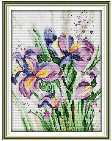 【送料無料・匿名配送】クロスステッチキット 水彩画 アイリス アヤメ 14CT 34×44cm 布に図案印刷あり 刺繍
