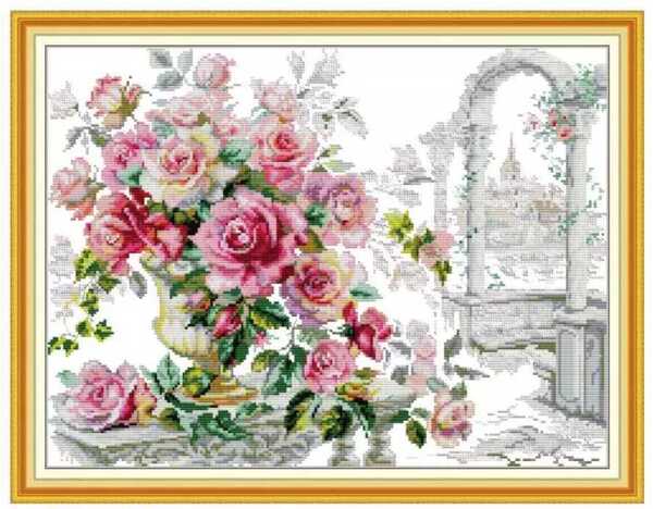 クロスステッチキット The Rose in Bloom 14CT 48×37cm 布に図案印刷あり 薔薇 バラ ばら 刺繍