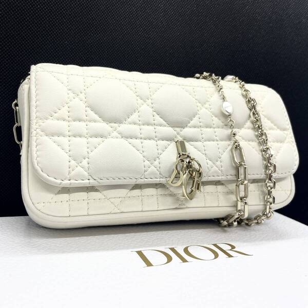 【519】極美品 Dior/ディオール カナージュ フォンポーチ チェーン/ショルダーバッグ/財布 白/ホワイト