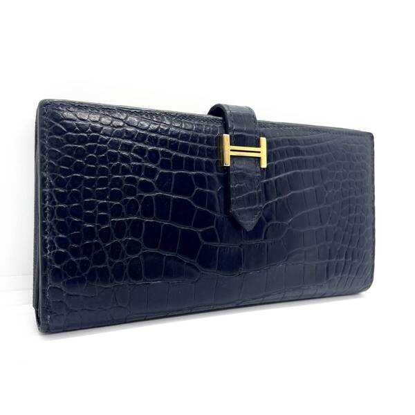 【520】極美品 HERMES/エルメス べアンスフレ 二つ折り 長財布 ウォレット アリゲーター(クロコ)本革レザー X刻