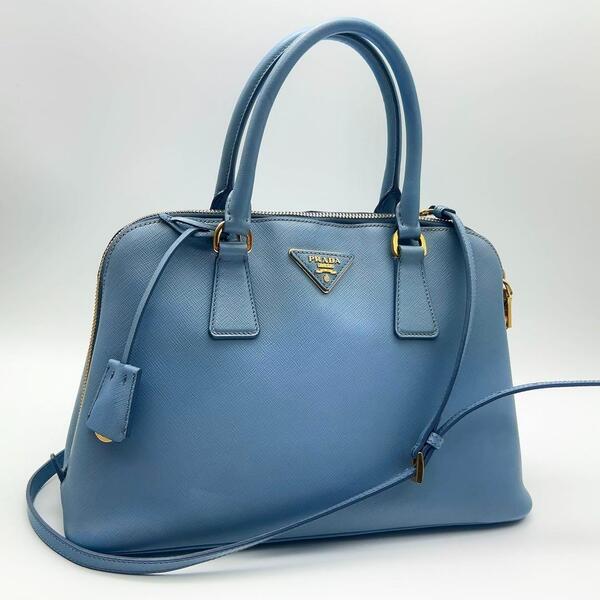 【現行品】プラダ PRADA ショルダーバッグ 2way ハンドバッグ レザー 三角ロゴ 白タグ レディース ビジネス A4 ブルー メンズ 高級 バッグ