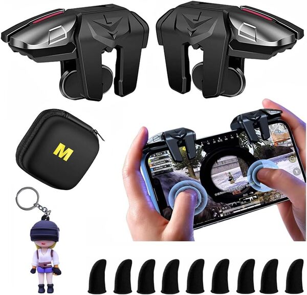 荒野行動 PUBG Mobileゲームコントローラ【4つボタン】合金製ゲームボタン高感度 左右兼用 6本指連動 iPhone Android対応