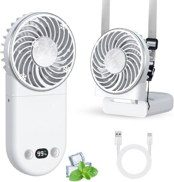 ハンディファン 接触冷感 急速冷却・折り畳み扇風機 大風量 携帯 冷却プレート搭載 TYPE-C充電式 LCD液晶画面 首掛けストラップ付き 卓上