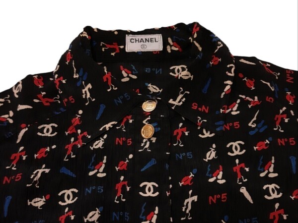 レア 美品 vintage CHANEL 90s ココマーク シャツ 金 マトラッセ ボタン 14個 CC logo No5 silk shirt シルク ブラウス 黒 柄 シャツワンピ