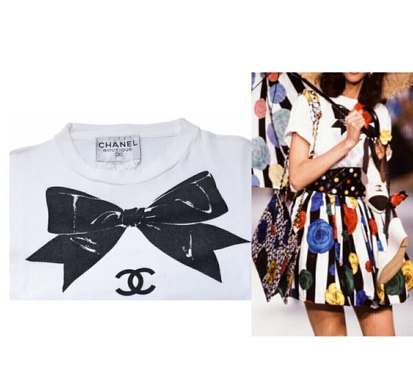 レア vintage CHANEL 1987 ココマーク リボン オーバーサイズ Tシャツ big coco CC logo ribbon T-Shirt top 白 メンズ ビッグサイズ 半袖