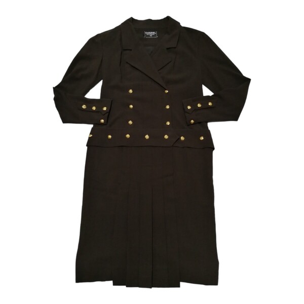 レア 美品 vintage CHANEL 80s 1989 ワンピース dress ココマーク 金 ボタン 32個 ダークブラウン ダブル コートタイプ ジャケットタイプ