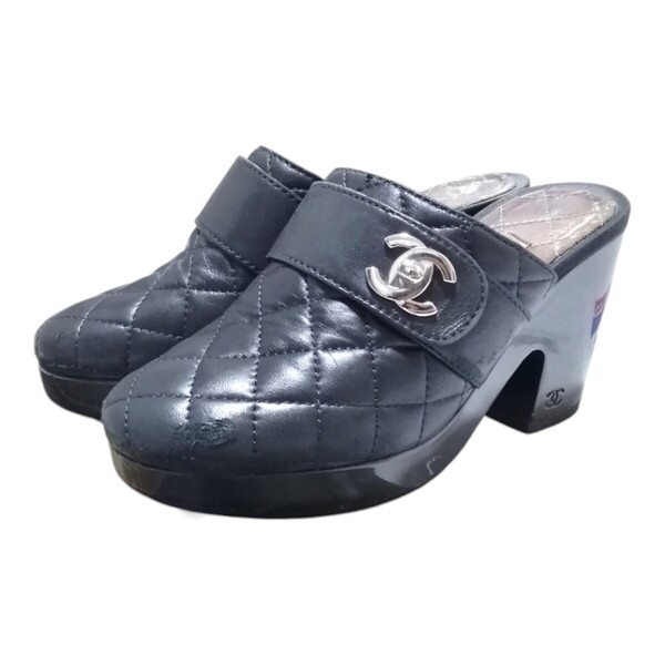 レア vintage CHANEL G27533 ターンロック マトラッセ サボ ミュール 黒 靴 シルバー パンプス サンダル 厚底ヒール ココマーク 37.5 Clogs