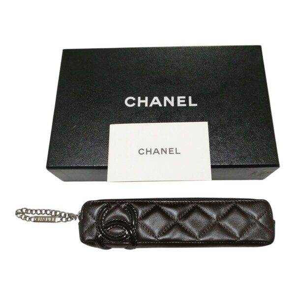 レア 新品 未使用 vintage CHANEL ペンケース カンボンライン ミニ ポーチ 茶 ココマーク メンズ レディース シルバーチェーン 箱 cambon