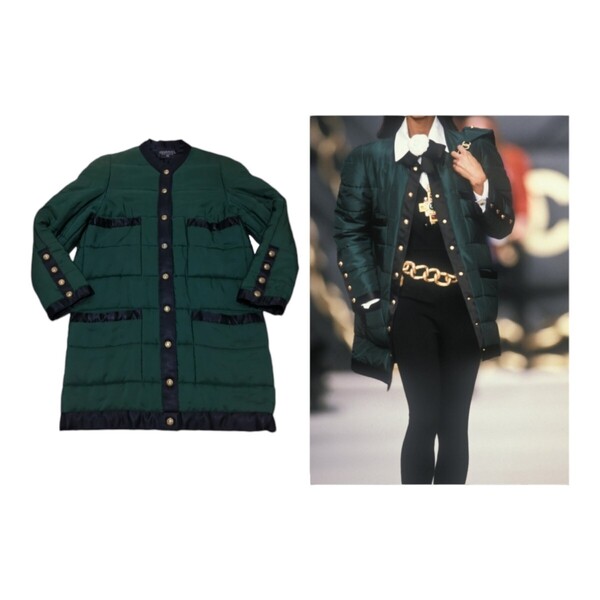 レア vintage CHANEL 90s 1990 ノーカラー 中綿 ロング コート puffer jacket ジャケット ココマーク 金 ボタン 17個 CC logo 緑 黒 ダウン