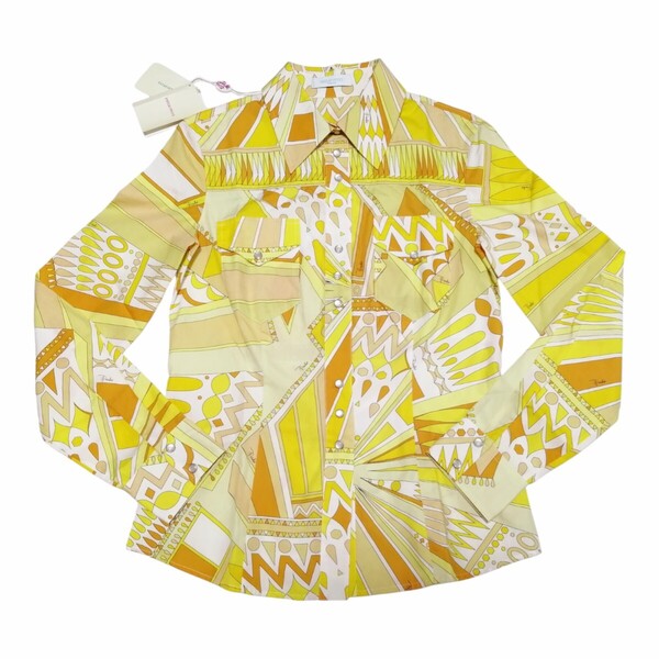 レア 未使用 新品 タグ有 EMILIO PUCCI エミリオプッチ シャツ ジャケット ブラウス 長袖 top shirt jacket 白 オレンジ 黄 パール ボタン