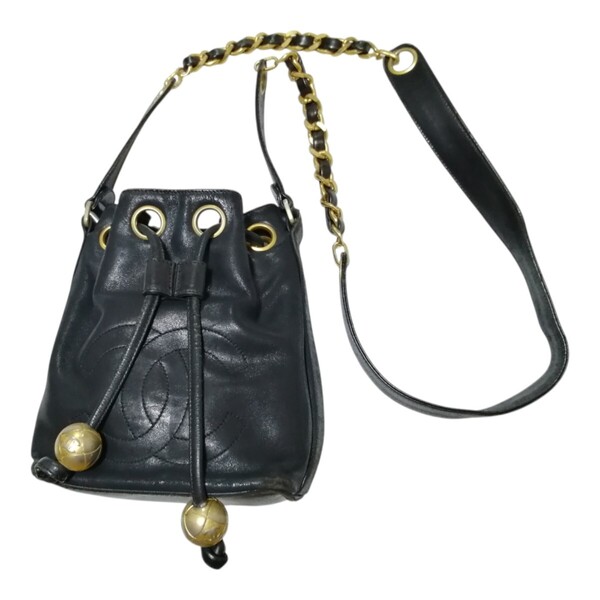 レア vintage CHANEL デカココマーク 巾着 ミニ ショルダーバッグ 斜め掛け 黒 ココボール ココマーク ラムスキン bucket shoulder bag 90s