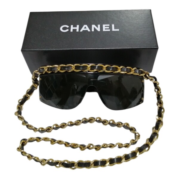 レア vintage CHANEL 90s 1992 ゴールド チェーン レザー ココマーク サングラス 0027 90 黒 箱付 ブラック gold chain sunglasses CC logo