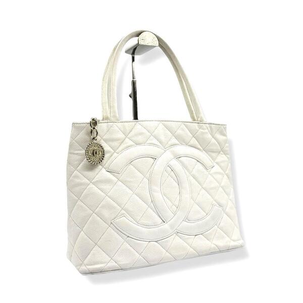 シール有 シャネル トートバッグ マトラッセ キャビアスキン ココマーク CHANEL 復刻トート ハンドバッグ デカココ ホワイト 3333