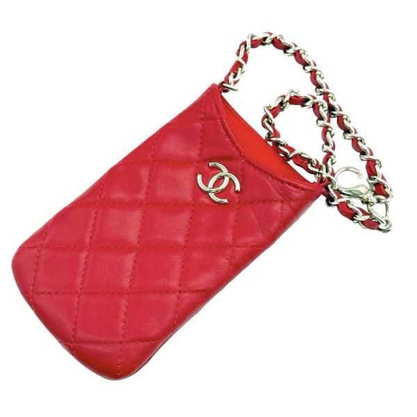 未使用 シャネル ポーチ マトラッセ ラムスキン レッド チェーン CHANEL ポーチ キーリング キーホルダー ココマーク co11