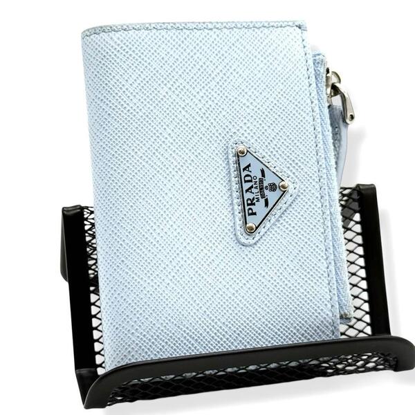 使用わずか ICチップ プラダ PRADA コンパクトウォレット ブルー サフィアーノ 1MC085 コインケース 小銭入れ 折り財布 co8