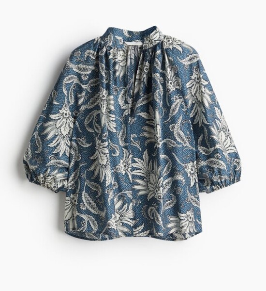 未使用/H&M バルーンスリーブシャツブラウス ブルー Mサイズ/ボタニカル花柄フラワー ペイズリーエイチアンドエム レディース 七分袖