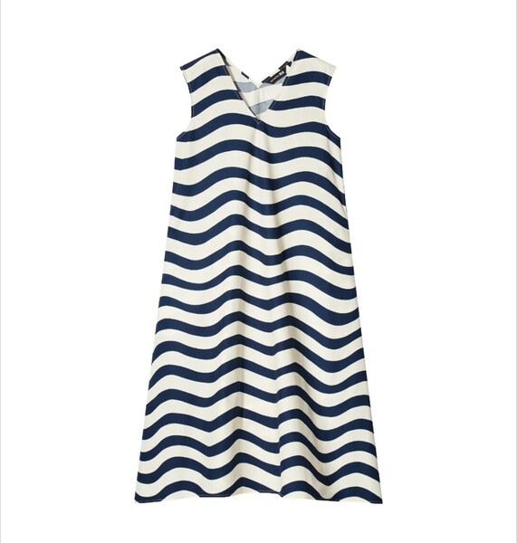 未使用/Marimekko ユニクロM /Vネックフレアノースリーブ ワンピース 白紺 M春夏 ボーダーマリメッコ UNIQLOレディーススカート