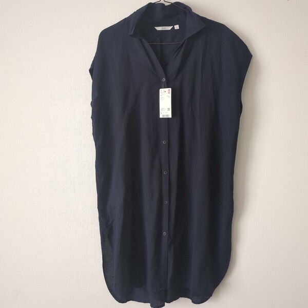 未使用/ユニクロ/リネンブレンドロングシャツフレンチ袖 半袖 チュニック ネイビー L Women UNIQLOレディース
