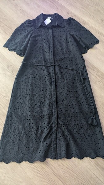未使用/H&M 半袖ロングシャツワンピース レース マキシ丈 コットン ブラックS 裏地付き エイチアンドエム