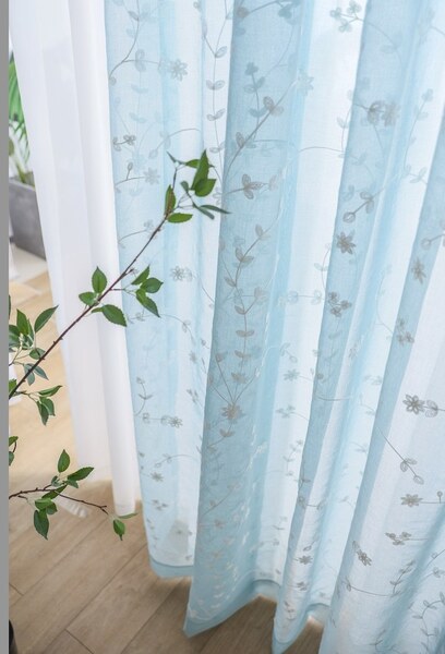 セール【2枚入り】【 横幅100cm×丈218cm】高級 刺繍 レースカーテン フック付き 小花 ブルー 花柄 おしゃれ 水色