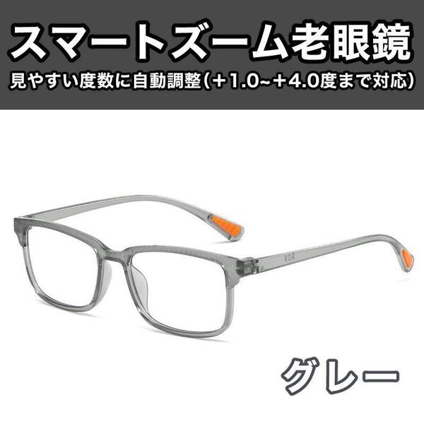 【+1.0~4.0 自動調整】老眼鏡 シニアグラス 累進多焦点 スマートズーム 灰×橙 ブルーライトカット機能付き 男女 40代 50代 60代 CH217