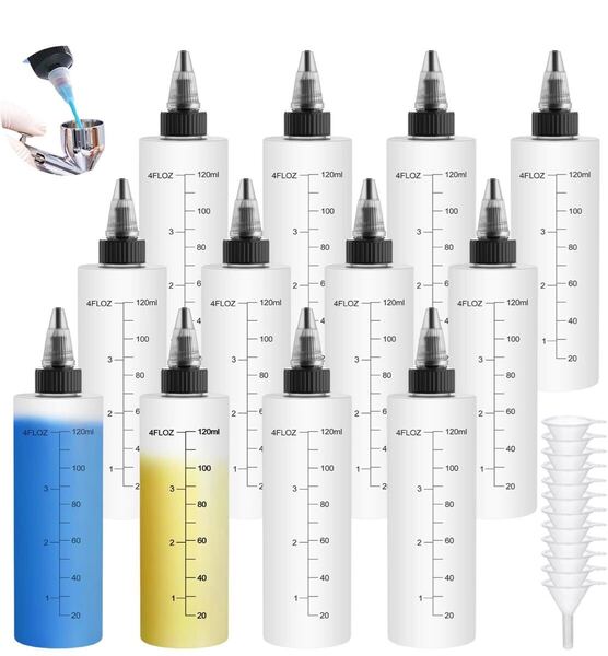 12個セット120ml ドロッパーボトル 半透明 目盛り付き プラモデル 塗料 小分けボトル スポイトボトル、漏斗6個付き、塗料液体容器希釈